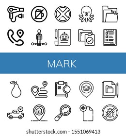 mark simple icons set. Contains such icons as Hair dryer, Location, No alcohol, Suspect, Forbidden, Plan, Octopus, Clipboard, Document, List, can be used for web, mobile and logo