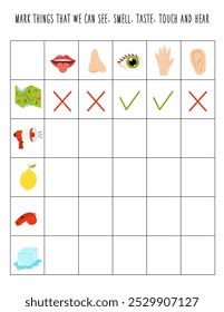 Mark things that you can see, smell, touch, taste and hear. Logical worksheet for kids.