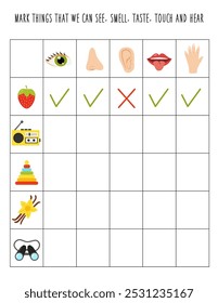 Mark things that you can see, smell, touch, taste and hear. Logical worksheet for kids.