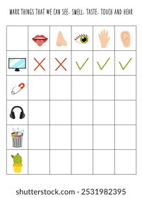 Mark things that you can see, smell, touch, taste and hear. Logical worksheet for kids.