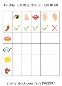 Mark things that you can see, smell, touch, taste and hear. Logical worksheet for kids.