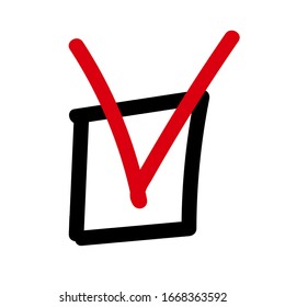 Mark, tick, doodle. Hand-drawn check box icon. Red tick in black cell. Exclamation point. Vector illustration.
