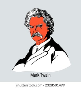 Mark Twain was an American writer, humorist, journalist, and public figure. Hand-drawn vector illustration.