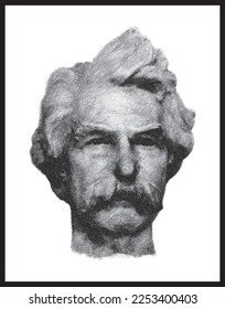 Mark Twain bust pencil sketch illustration. American writer, humorist, entrepreneur, publisher, lecturer. Poster, Wall Decoration, Postcard, Social Media Banner, Brochure Cover Design Background.