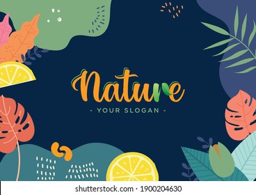 
Mark with the word natural, nature, with handwritten font, yellow and leaf in detail. Tropical background with colorful flowers and leaves on a navy blue