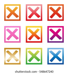 Mark X in check box. Different color green red crosses. No icons in frame for websites, applications, highlight negative selection. Wrong signs isolated on white. Red green cross vector set