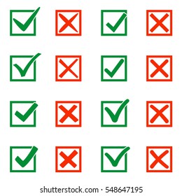 Mark X and V in check box. Green hooks, red crosses. Yes No icons for websites or applications, highlight selection. Right Wrong signs isolated on white. Red cross, green tick vector set