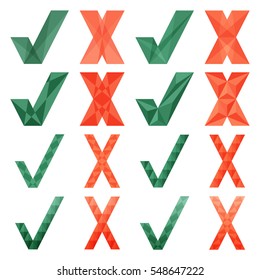 Mark X and V cristal style. Set of green hooks and red crosses. Yes No icons for websites or applications. Right Wrong signs isolated on white background. Red cross, green tick vector set