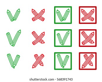 Mark X and V in form of pencils over check box, flat style. Green hooks, tick, red crosses. Yes No icons for websites, applications. Right Wrong signs isolated on white. Vector set