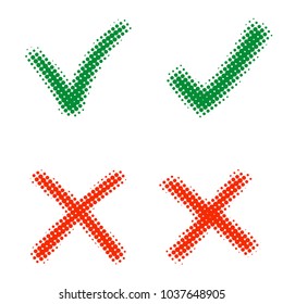 Mark X and V in halftone. Green hooks and red crosses. YES and NO icons for websites or applications. Right and Wrong signs isolated on white background. Red cross, green tick vector set
