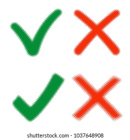 Mark X and V in halftone. Green hooks and red crosses. YES and NO icons for websites or applications. Right and Wrong signs isolated on white background. Red cross, green tick vector set