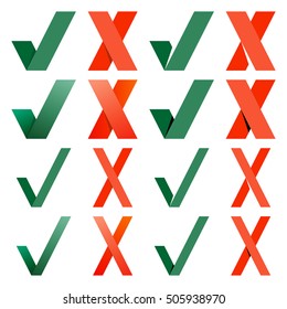 Mark X and V in modern style. Set of green hooks and red crosses. Yes and No icons for websites or applications. Right and Wrong signs isolated on white background. Red cross and green tick vector set