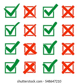 Mark X And V Over Check Box. Green Hooks, Red Crosses. Yes No Icons For Websites Or Applications. Right Wrong Signs Isolated On White. Red Cross, Green Tick Vector Set