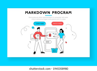 Markdown program banner template. Vector illustration of linear man with credit card and woman with basket choosing merchandise with discount on smartphone during sale in online shop