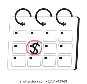 Calendario marcado con objeto de línea 2D de signo de dólar. Plazo financiero. Calendario de fecha de día de pago rodeado. Horario de dinero. Elemento de esquema de tinta de Vector de Clipart aislado de pago de impuestos. Ilustración de punto monocromo