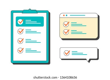Marked checklist on a clipboard and in the browser, in the dialog box. Vector flat illustration