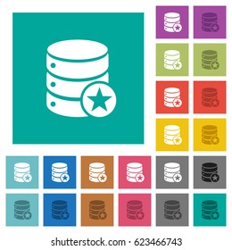 Marked database table multi colored flat icons on plain square backgrounds. Included white and darker icon variations for hover or active effects.