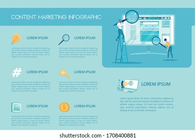 Marked List with Copy Space for Extra Text. Marks Looking Like Lightbulb, Hashtag, Photo, Magnifying Glass, Key, and Golden Coin. Flat Vector Content Marketing Infographic Landing Page.