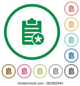 Marked note flat color icons in round outlines on white background