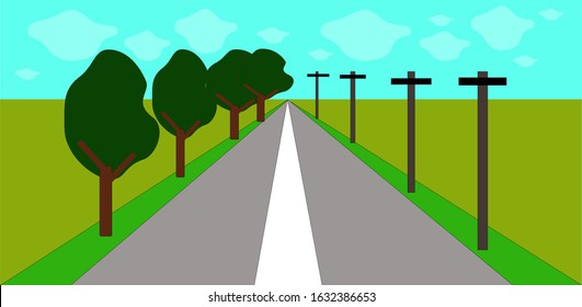 marked road, trees and poles along the roadside, blue sky with clouds on the horizon