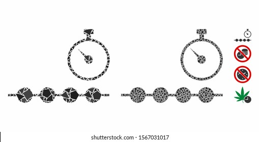 Marked time line mosaic of rough parts in variable sizes and color tinges, based on marked time line icon. Vector irregular parts are grouped into collage.