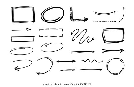 Conjunto de elementos de doodle de flecha de marcador