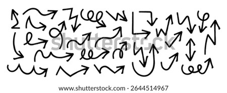Marker Arrow doodle in Hand drawn style set, Sketch arrow brush drawn, decorative direction pointers element design vector collection