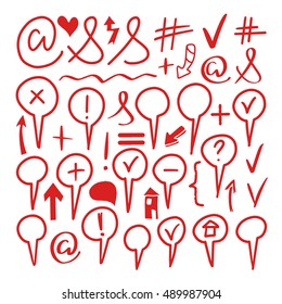 Marker arrows, signs, symbols. Heart, check mark, speech bubble, tick, ampersand, house, geometric shapes. Hand drawn design elements set isolated on white background. Vector design