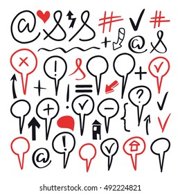 Marker arrows, signs, symbols. Heart, check mark, speech bubble, tick, ampersand, house, geometric shapes. Hand drawn design elements set isolated on white background