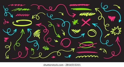 Marker arrows, strokes, circles, underlines and cross marks. Highlighter lines and marker scribbles. A collection of hand drawn neon yellow, green, pink, marker elements on black background.