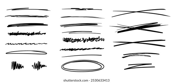 Dibujos de líneas de garabato negro de marcador. Colección de trazos de pluma aislada sobre fondo blanco