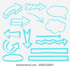 Marker Blue set, brush pen hand drawn underline. Highlighter collection, brush lines, isolated. Vector highlighter graphic stylish element. Water colour blue hand drawn highlight set.