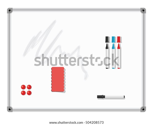 Marker Board. White board with colored\
markers and eraser. Vector\
illustration.