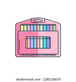 Marker box with different colorful felt-tip pens - flat color line icon on isolated background. School supply item, element, pictogram, object in outline design. Vector set of multicolor higlighters.