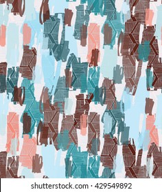 Marker brush blue brown with hatched hexagons.Hand drawn with ink and marker brush seamless background.