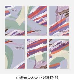 Marker brush colorful strokes.Hand drawn creative invitation or greeting cards template. Anniversary, Birthday, wedding, party, social media banners set of 6. Isolated on layer.