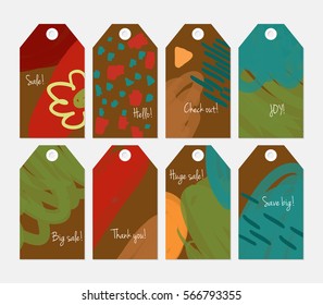 Marker brush doodles strokes scribbles bright brown green tag set.Creative universal gift tags.Hand drawn textures.Ethic tribal design.Ready to print sale labels Isolated on layer.