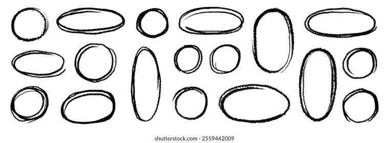 Marker brush marker scribble line oval frame shape set. Hand drawn marker crayon brush stroke highlight round, circular highlight frame element. Scribble sketch round hand drawn vector illustration