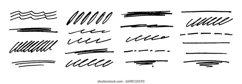 Marker Pinselstrichlinien. Buntstiftstreifen. Strichlinien für grobe Vektorstifte, Unterstreichungen für Stifte, Markerquietschungen. Hervorhebungskollektion für Rohtexturskizzen. Freihand-Handschriftteiler bg