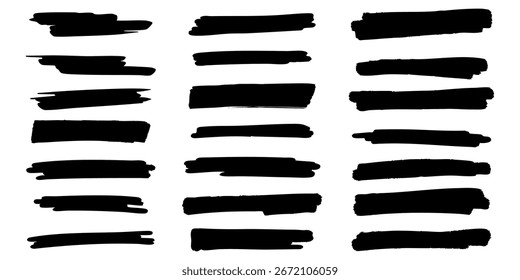 Conjunto de traçado de marcador ou pincel. Linhas de pintura pretas desenhadas à mão. Coleção de listras sujas simples para projetos grunge. Ilustração vetorial isolada em um plano de fundo branco em estilo plano