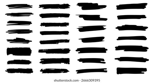 Conjunto de traçado de marcador ou pincel. Simples linhas de tinta preta desenhadas à mão. Coleção de listras de mão livre sujas para projetos grunge. Ilustração vetorial isolada em um plano de fundo branco em estilo plano