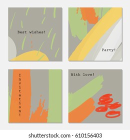 Marker brushed with strokes gray green orange.Hand drawn creative invitation greeting cards. Poster, placard,design templates. Anniversary, Birthday, wedding, party cards set of 4. Isolated on layer.