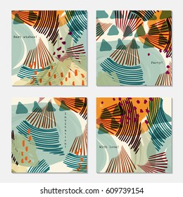 Marker brushed with strokes striped green with triangles.Hand drawn creative invitation greeting cards. Poster, placard, design templates. Anniversary, Birthday, wedding, party cards set of 4. 