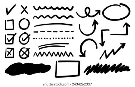 Colección de casillas de verificación de marcadores - Doodle con flechas, marcas de verificación, símbolos de línea para notas digitales.