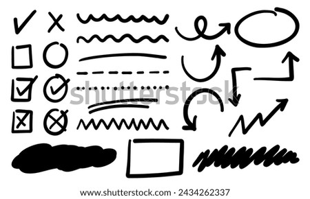 Marker check box collection - Doodle set with arrows, checkmarks, line symbols for digital notes.