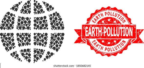 Marker collage globe and scratched ribbon seal. Red seal has Earth Pollution tag inside ribbon. Abstract globe is formed with random aim items. Tourism plan.