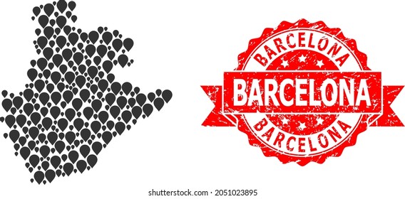 Marker collage map of Barcelona Province and grunge ribbon seal. Red seal contains Barcelona caption inside ribbon. Abstract map of Barcelona Province is composed from random marker items.