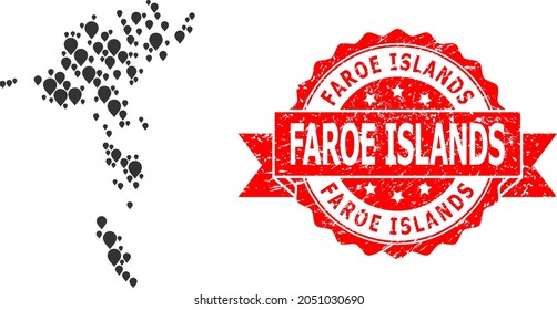 Marker collage map of Faroe Islands and grunge ribbon stamp. Red stamp has Faroe Islands caption inside ribbon. Abstract map of Faroe Islands is constructed from random guide elements.