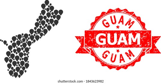 Mapa del collage de marcadores de la isla de Guam y sello de cinta rasgada. El sello rojo incluye el texto de Guam dentro de la cinta. El mapa abstracto de la isla de Guam está formado por elementos dispersos de punta de pino. Resumen.