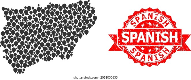 Marker collage map of Jaen Spanish Province and scratched ribbon watermark. Red seal includes Spanish tag inside ribbon. Abstract map of Jaen Spanish Province is formed of randomized marker symbols.